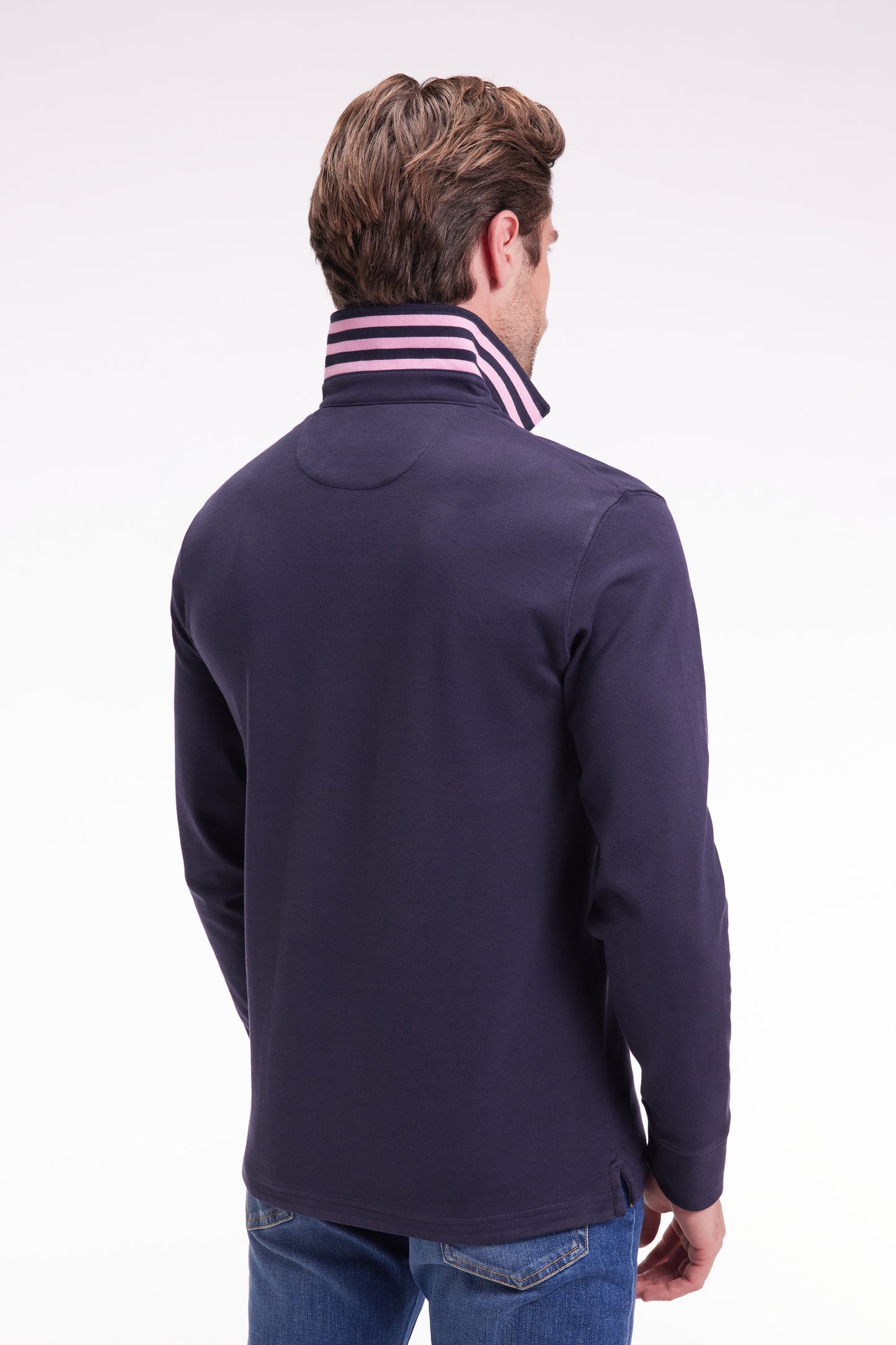 Long-sleeved navy jersey jersey with striped under collar