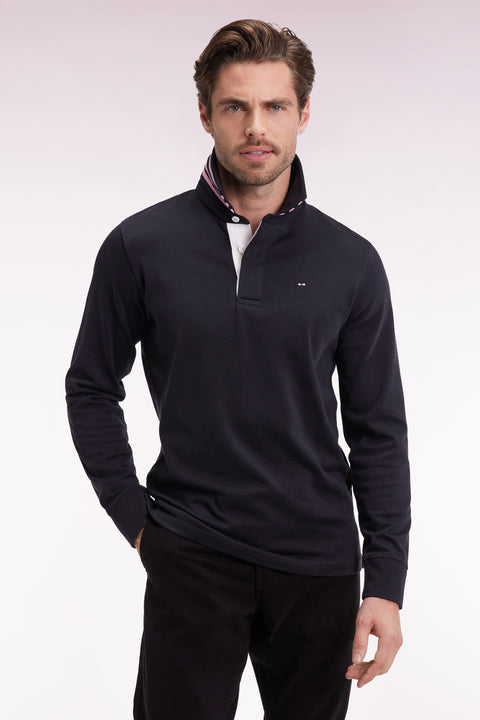 Long-sleeved jersey in black with striped collar underneath - Image 1