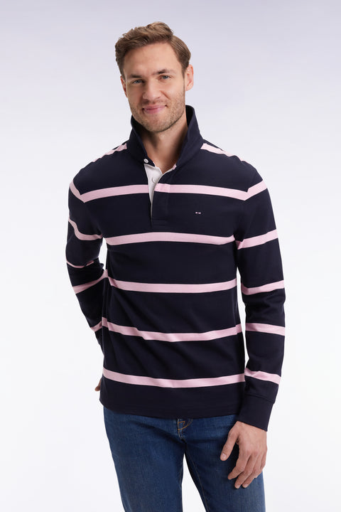 Maillot manches longues en jersey de coton marine à rayures roses - Image 1