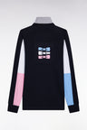 Long-sleeved jersey in thick navy cotton jersey with embroidered straight cut