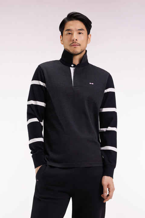 Long-sleeved jersey in thick grey jersey with striped sleeves, straight cut - Image 2