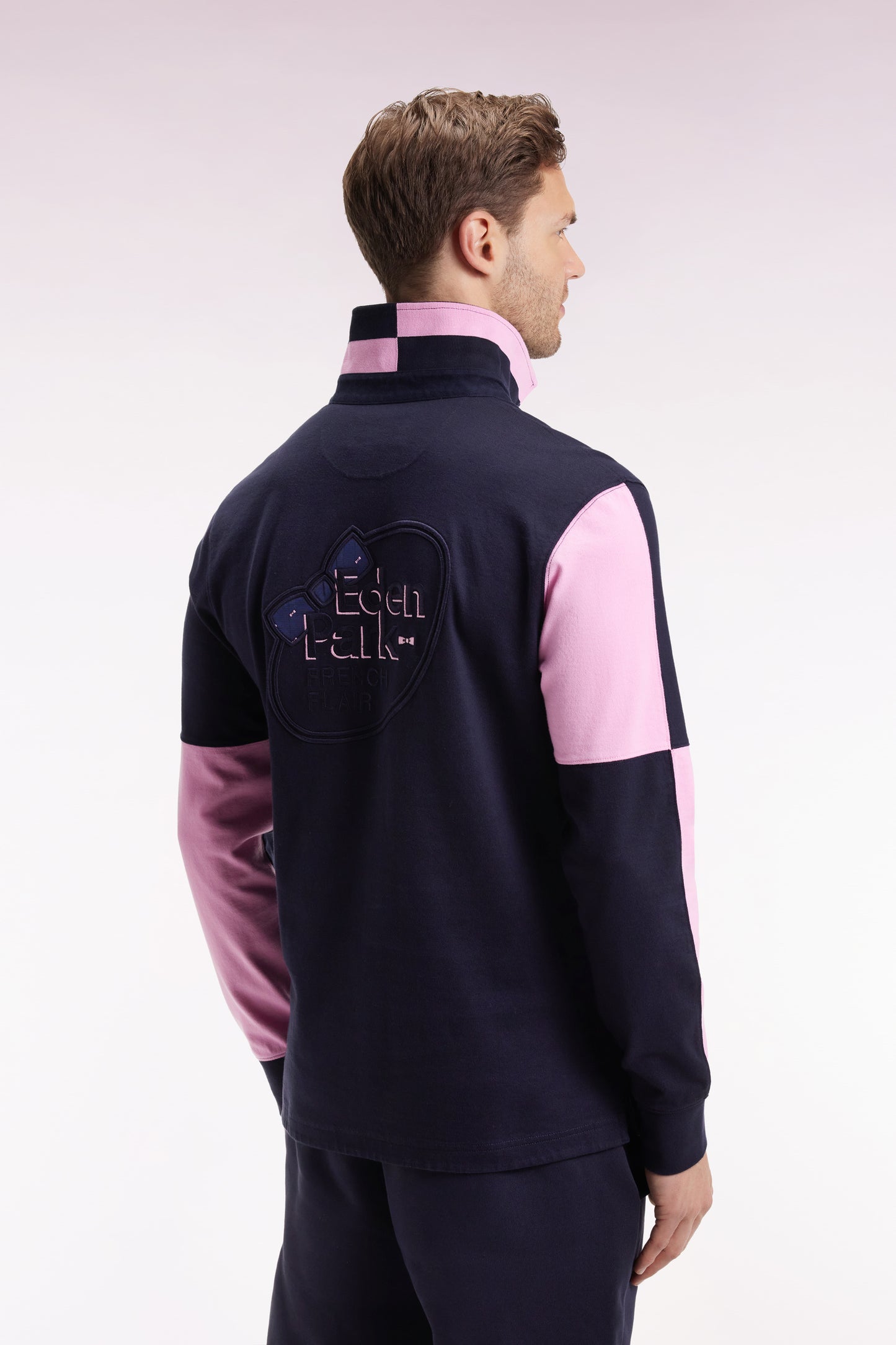 Long-sleeved jersey in navy colorblock straight cut