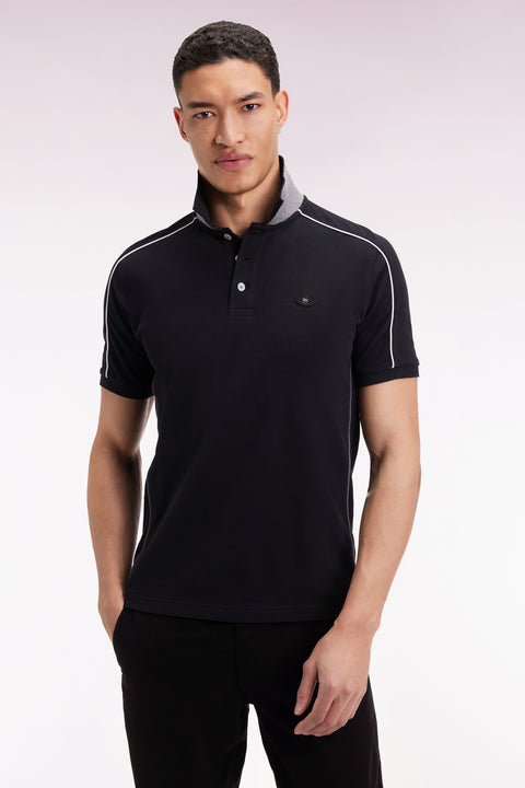 Short-sleeved polo shirt in black cotton piqué with colored piping - Image 1