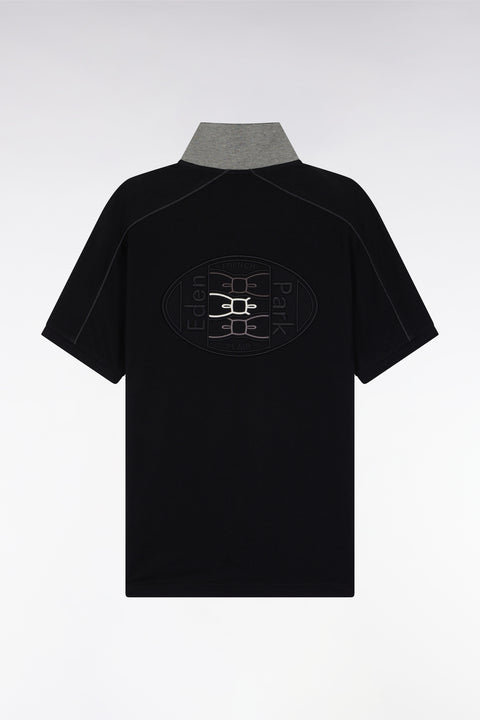 Short-sleeved polo shirt in black cotton piqué with colored piping - Image 2