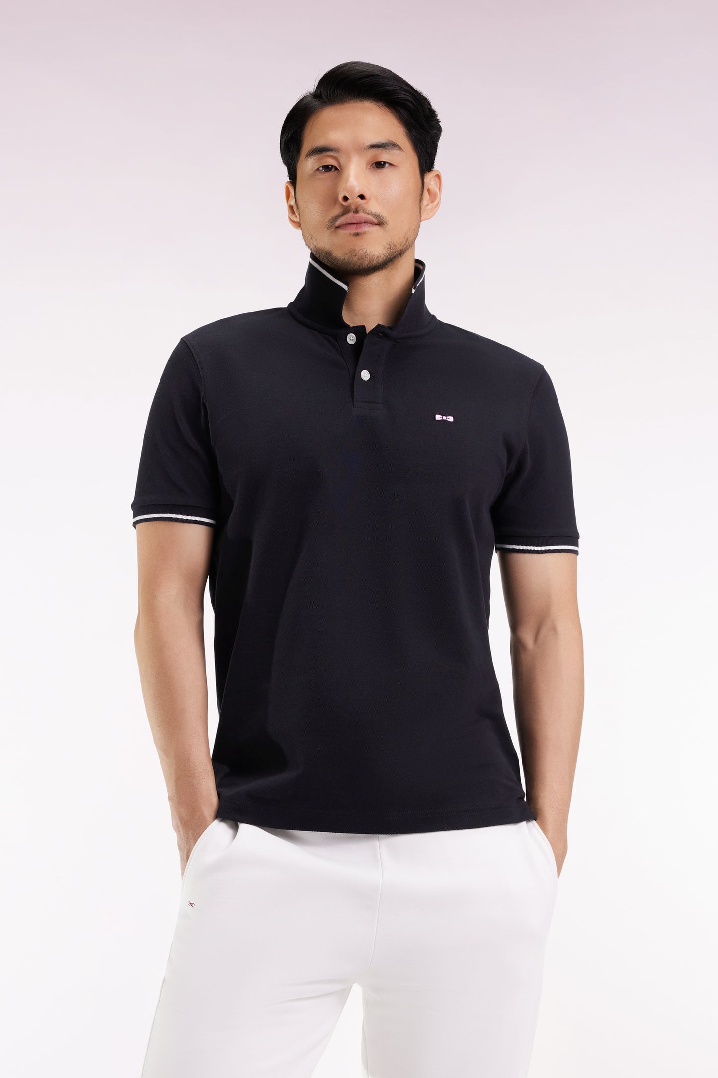 Black short-sleeved polo shirt