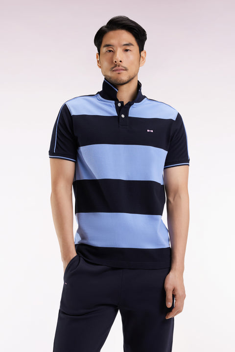 Blue cotton short-sleeved polo shirt with cotton piqué ring - Image 1