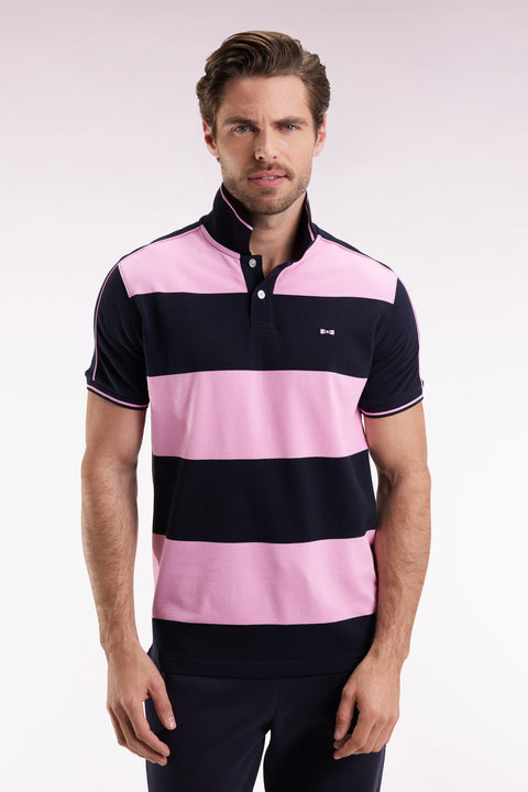 Short-sleeved navy cotton polo shirt with cotton piqué band - Image 1