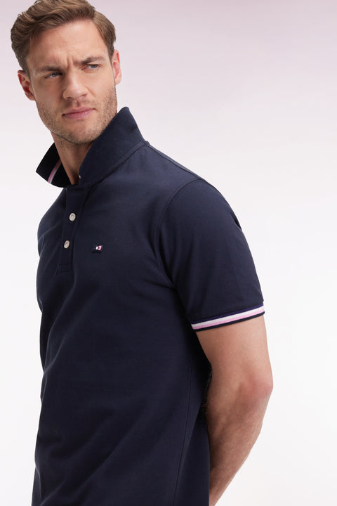 Polo manches courtes en coton marine détails rayés coupe ample - Image 3