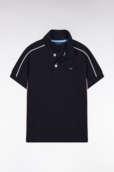Polo manches courtes en coton marine passepoils blancs coupe droite - Image 1