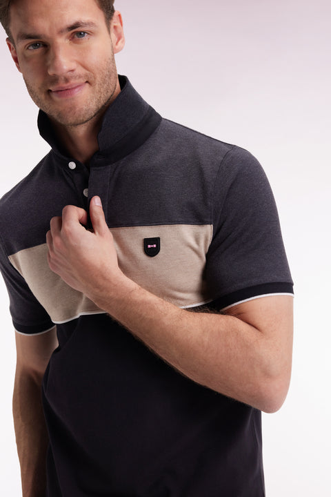 Polo tricolore manches courtes en piqué coton stretch gris coupe slim - Image 3
