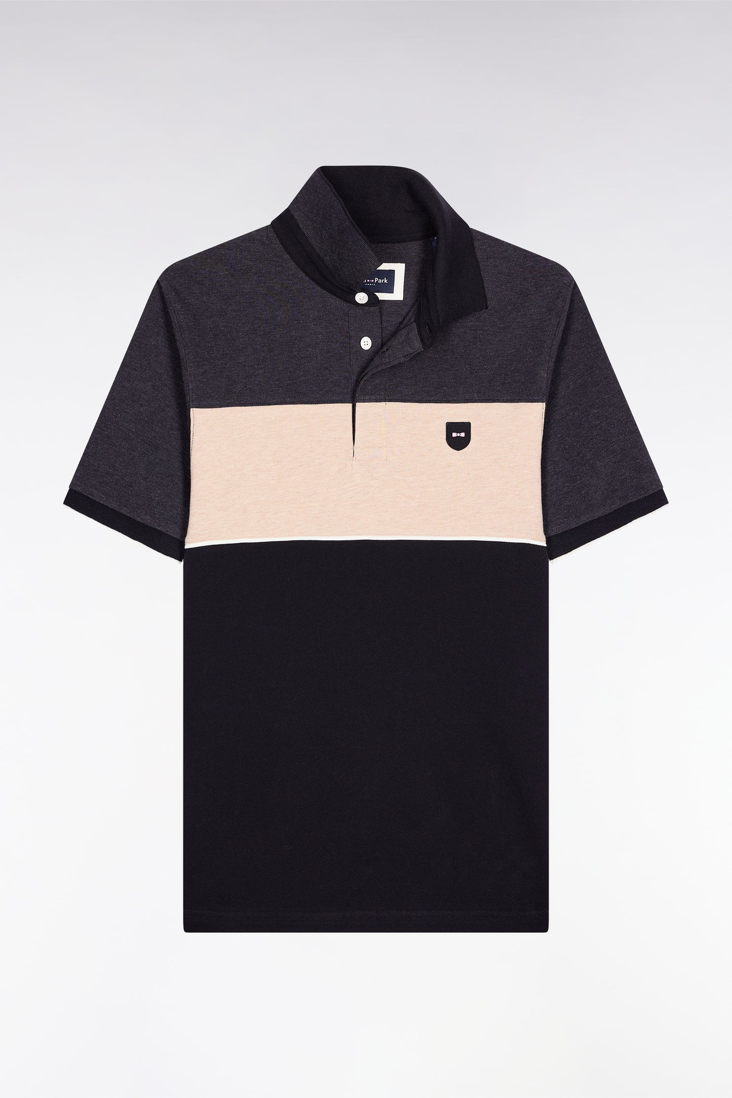 Polo tricolore manches courtes en piqué coton stretch gris coupe slim