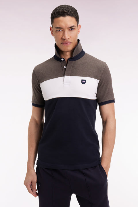 Polo tricolore manches courtes en piqué coton stretch marron coupe slim - Image 1
