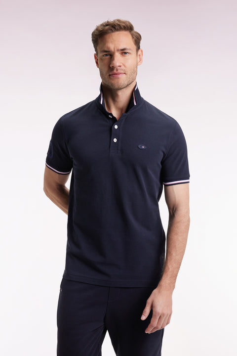 Short-sleeved navy polo shirt with tricolored trim, straight cut - Image 1