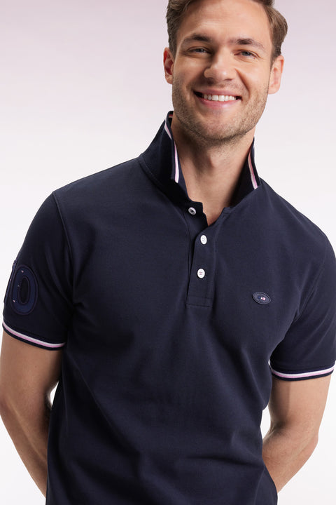 Short-sleeved navy polo shirt with tricolored trim, straight cut - Image 3