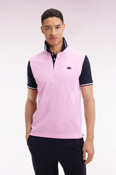 Short-sleeved pink and navy polo shirt with tricolored trim, straight cut - Image 1