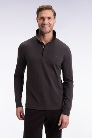 Polo à manches longues en coton stretch marron coupe slim