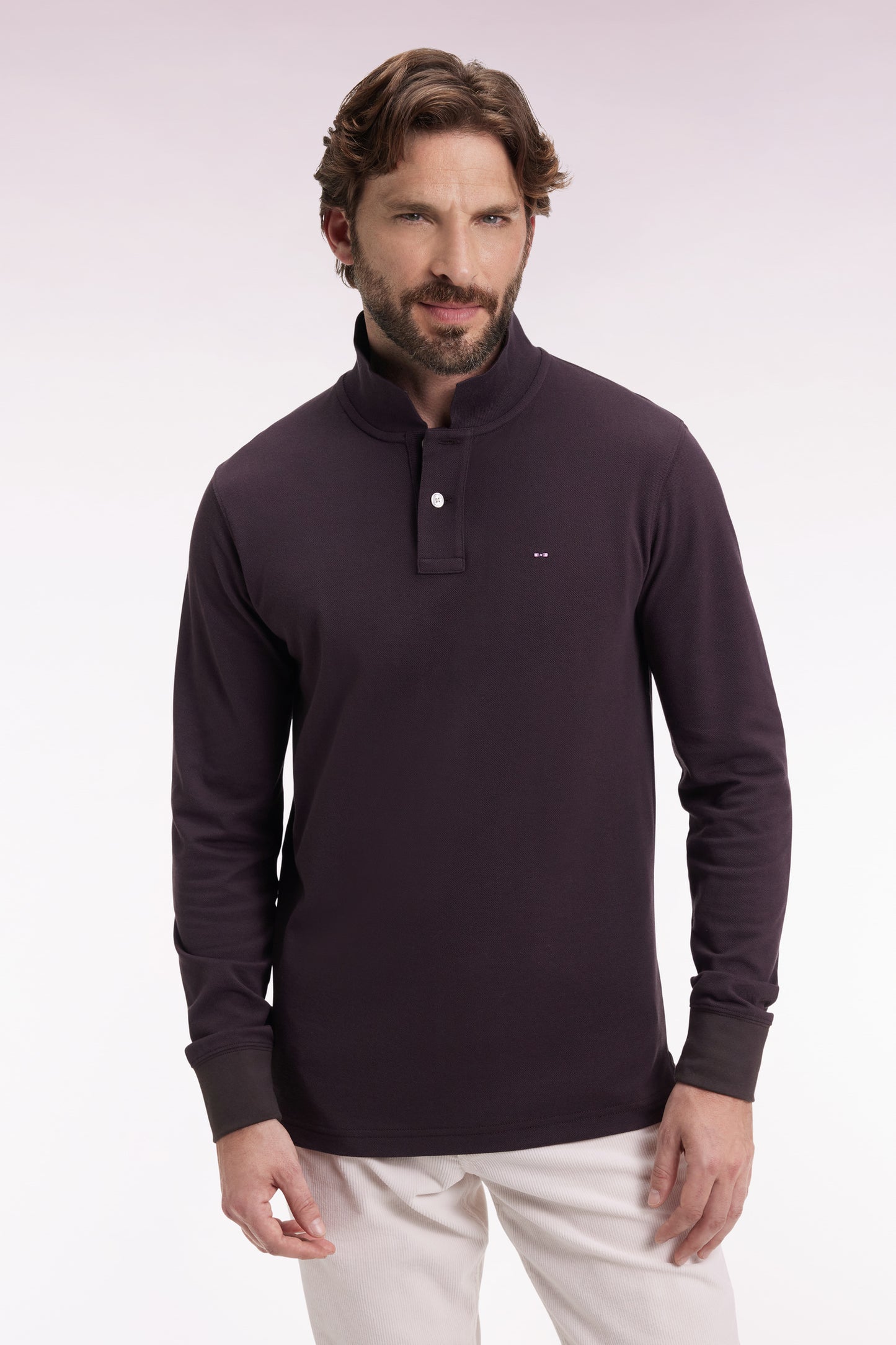 Long-sleeved polo shirt in brown Pima cotton, straight cut