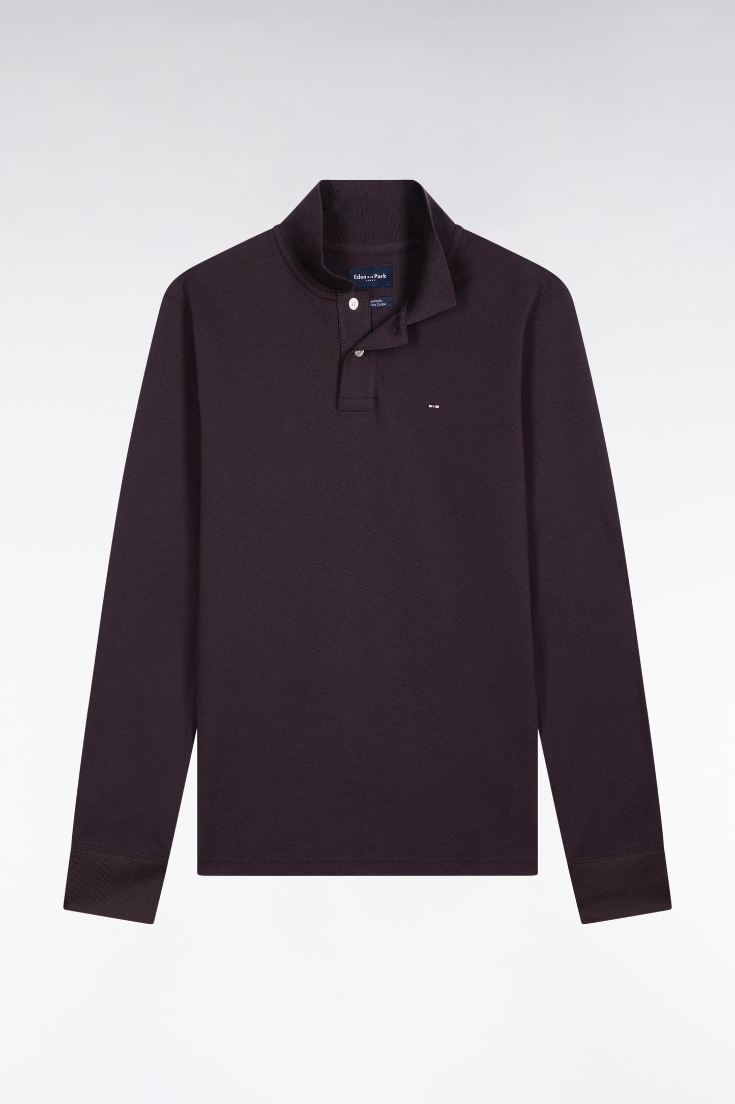 Long-sleeved polo shirt in brown Pima cotton, straight cut