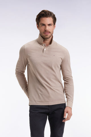 Long-sleeved polo shirt in beige mottled cotton, straight cut