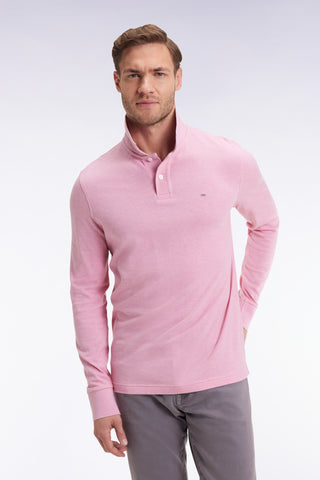 Long-sleeved polo shirt in pink mottled cotton, straight cut