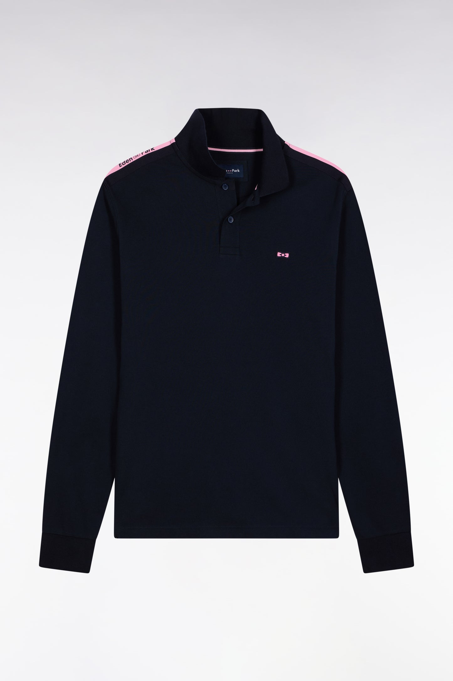 Polo à manches longues en piqué coton marine galon rose siglé
