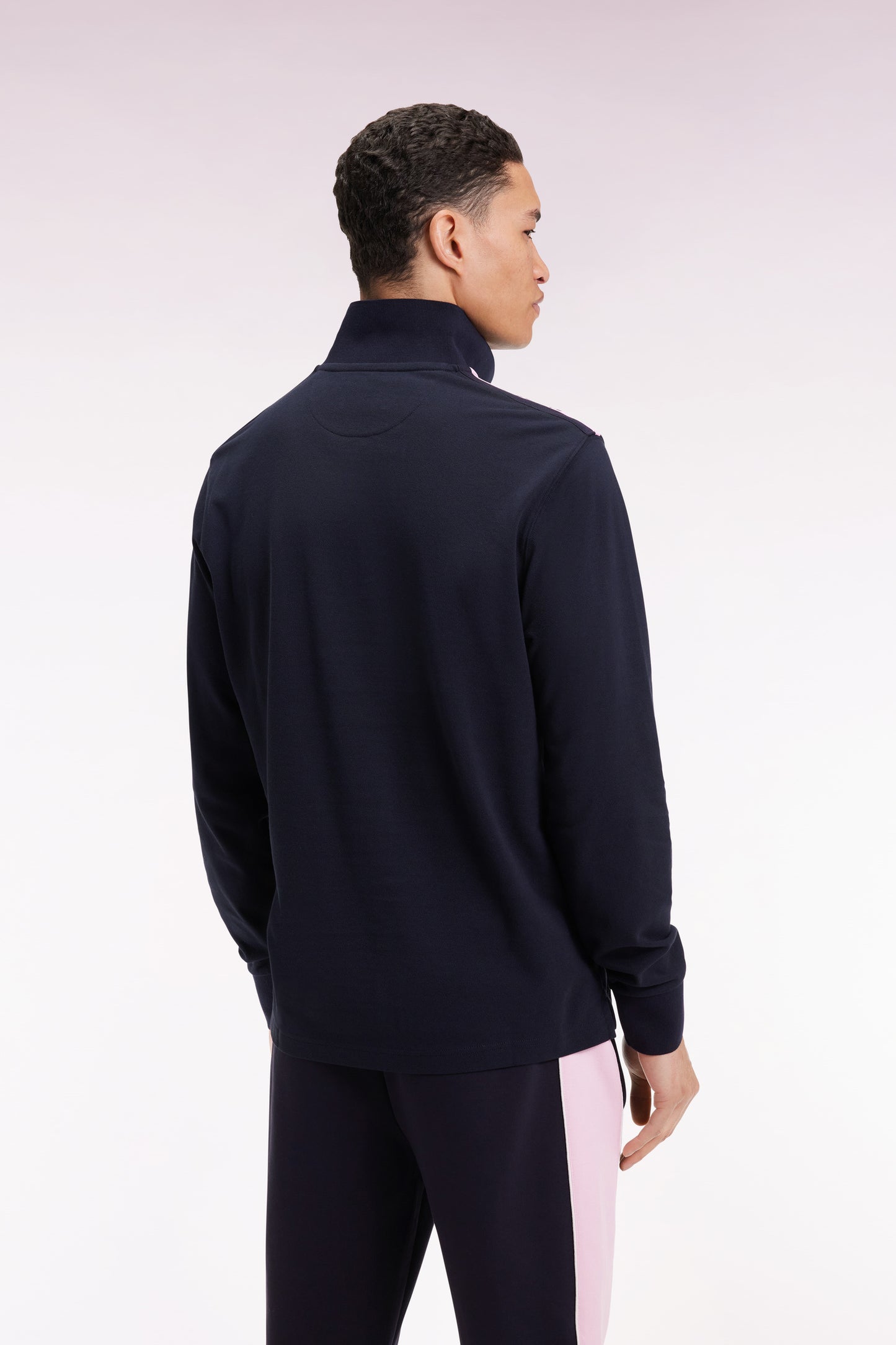Polo à manches longues en piqué coton marine galon rose siglé