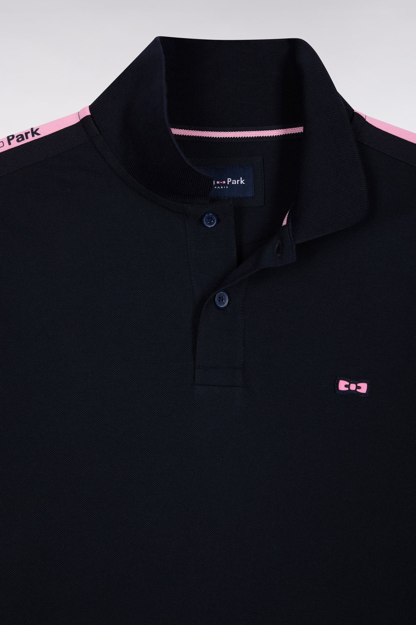 Polo à manches longues en piqué coton marine galon rose siglé