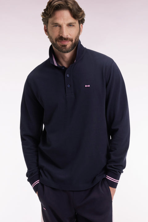 Polo à manches longues en piqué coton marine dessous de col rayé - Image 3