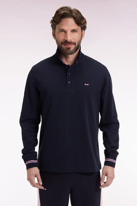 Polo à manches longues en piqué coton marine dessous de col rayé - Image 1