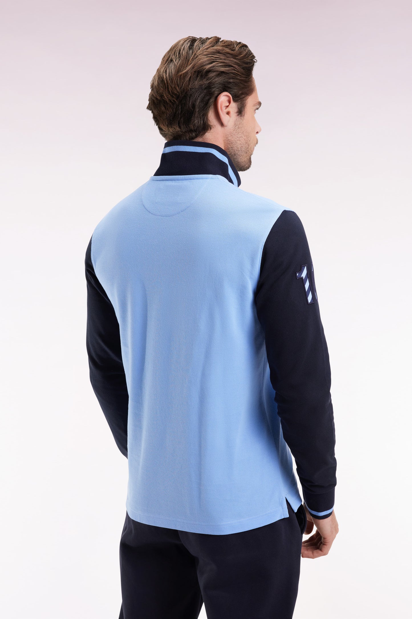 Long-sleeved polo shirt in two-tone cotton piqué with sky embroidery 10