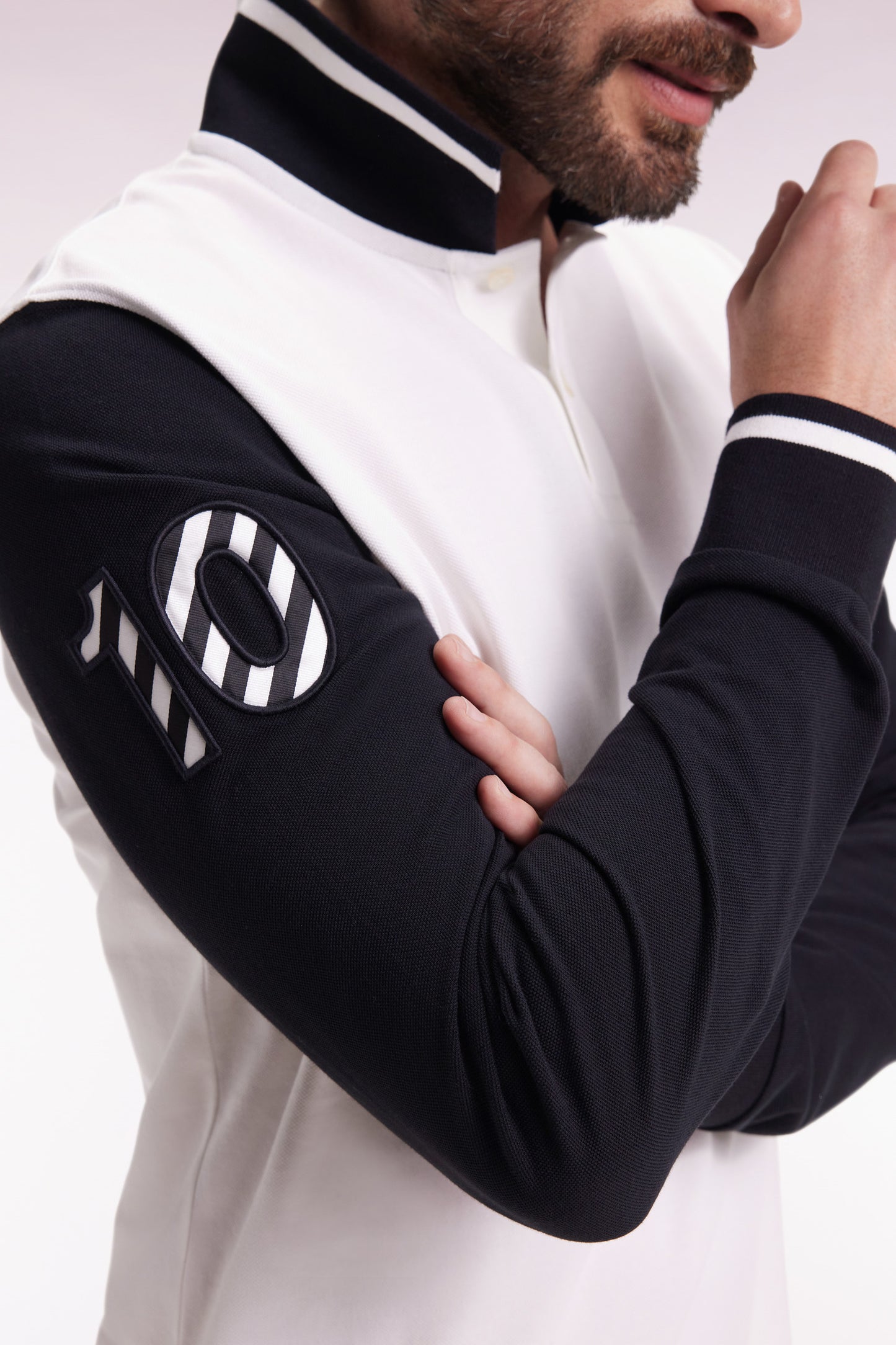 Long-sleeved polo shirt in two-tone cotton piqué, white, embroidered 10