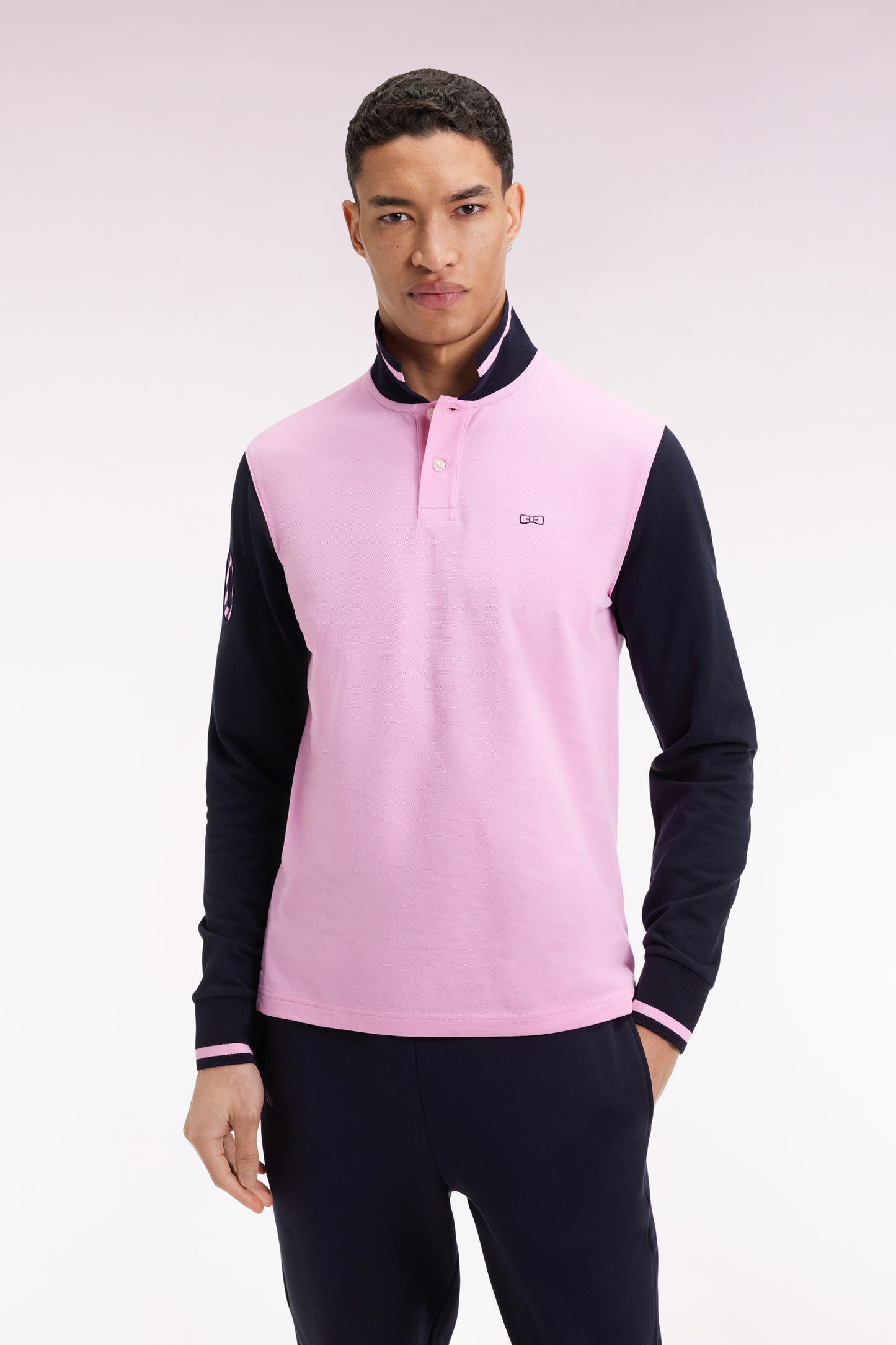 Long-sleeved polo shirt in two-tone pink cotton piqué with embroidery 10