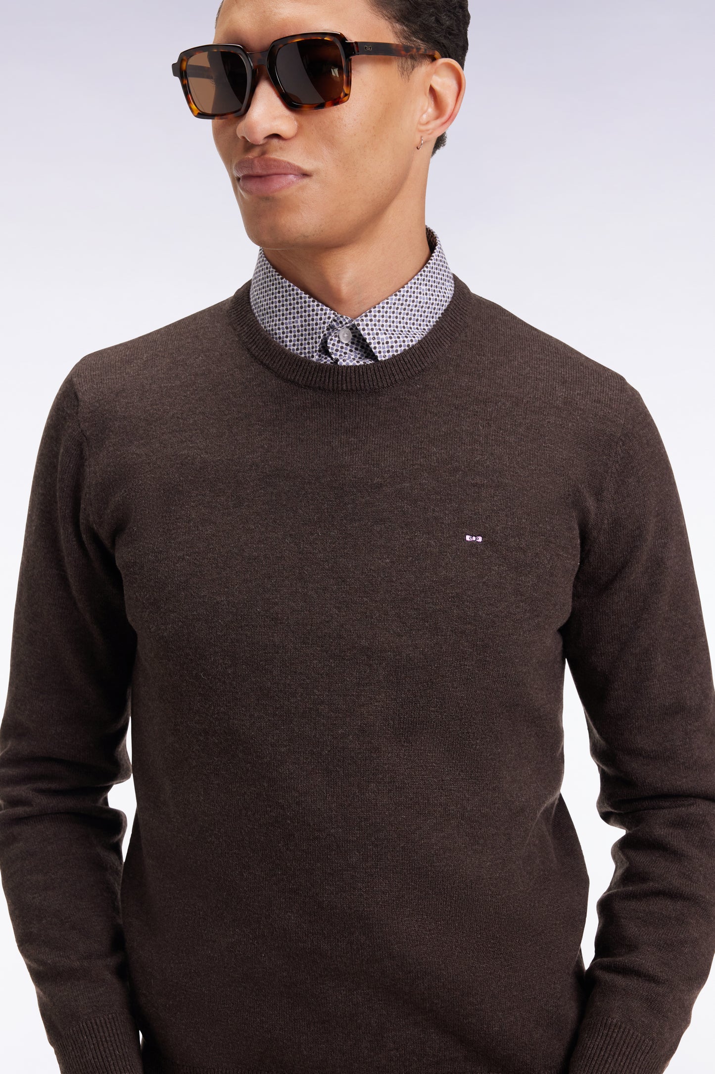 Dark brown wool and cotton round-neck sweater