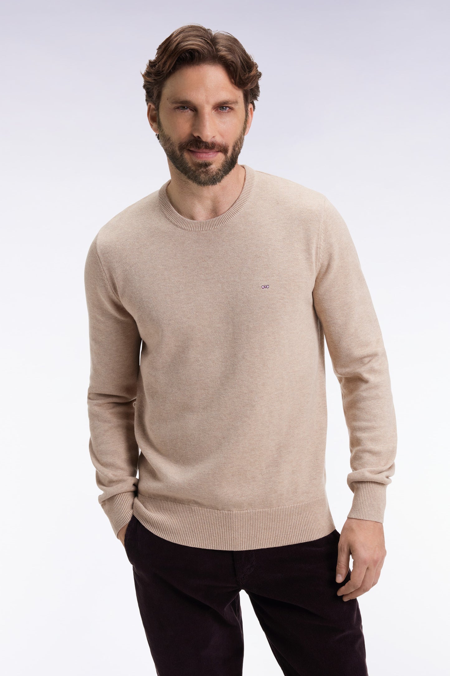 Round-neck sweater in beige wool and cotton