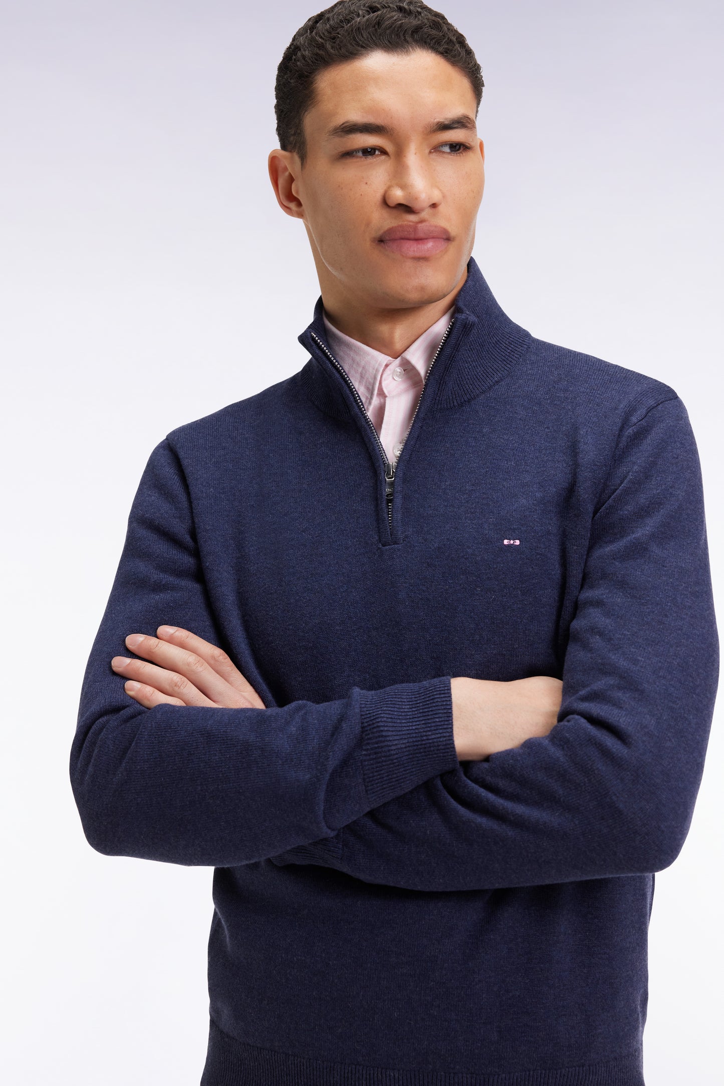 Blue wool and cotton trucker-neck sweater