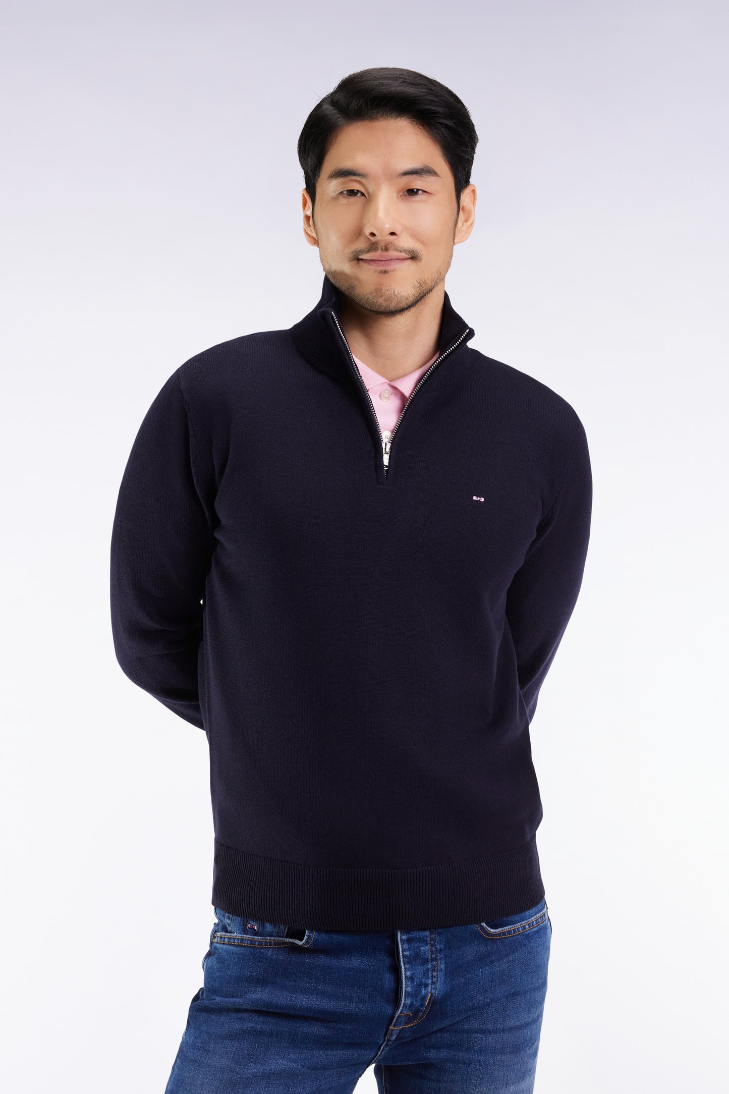 Dark blue wool and cotton trucker-neck sweater