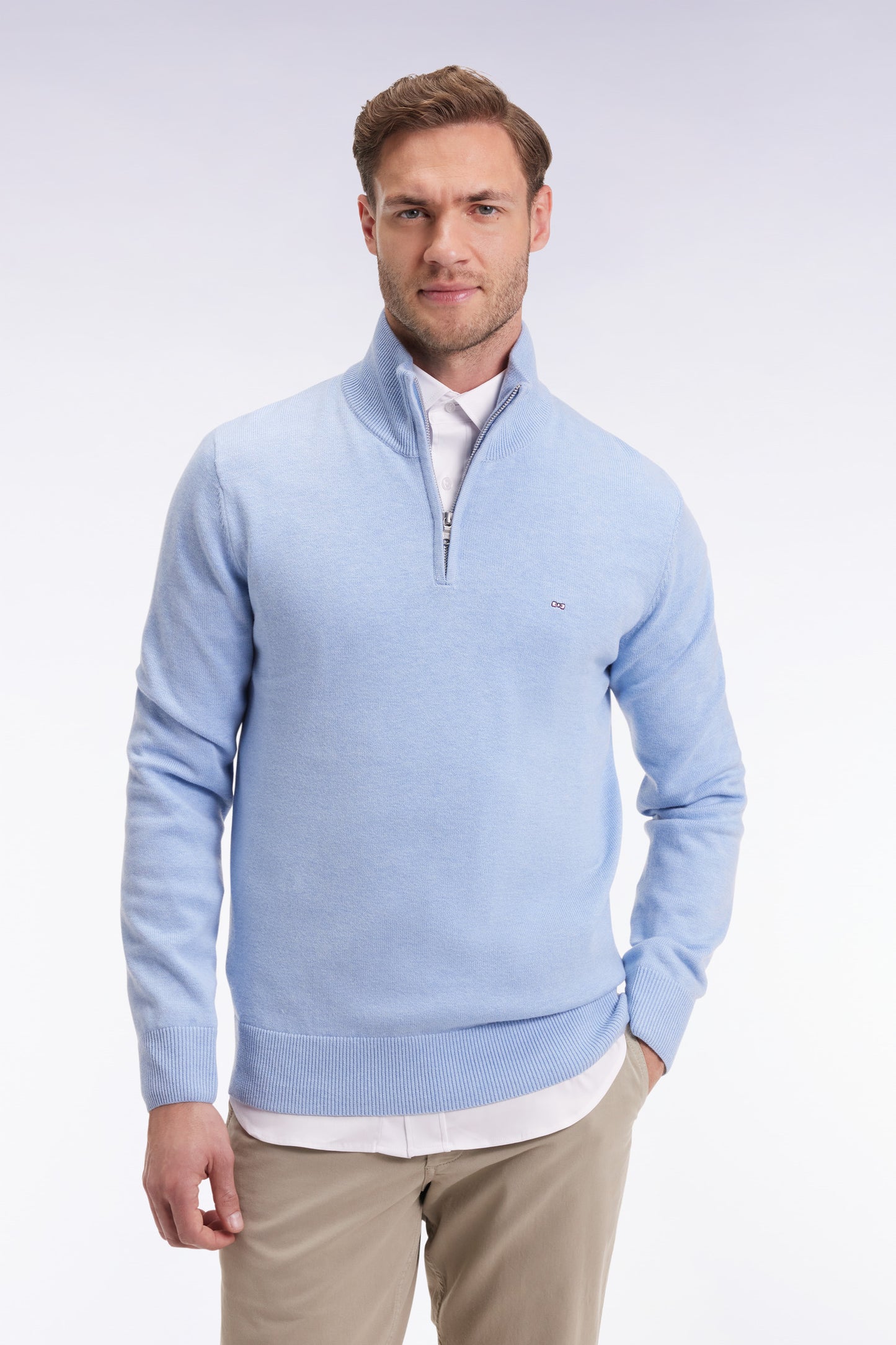 Navy wool and cotton trucker-neck sweater