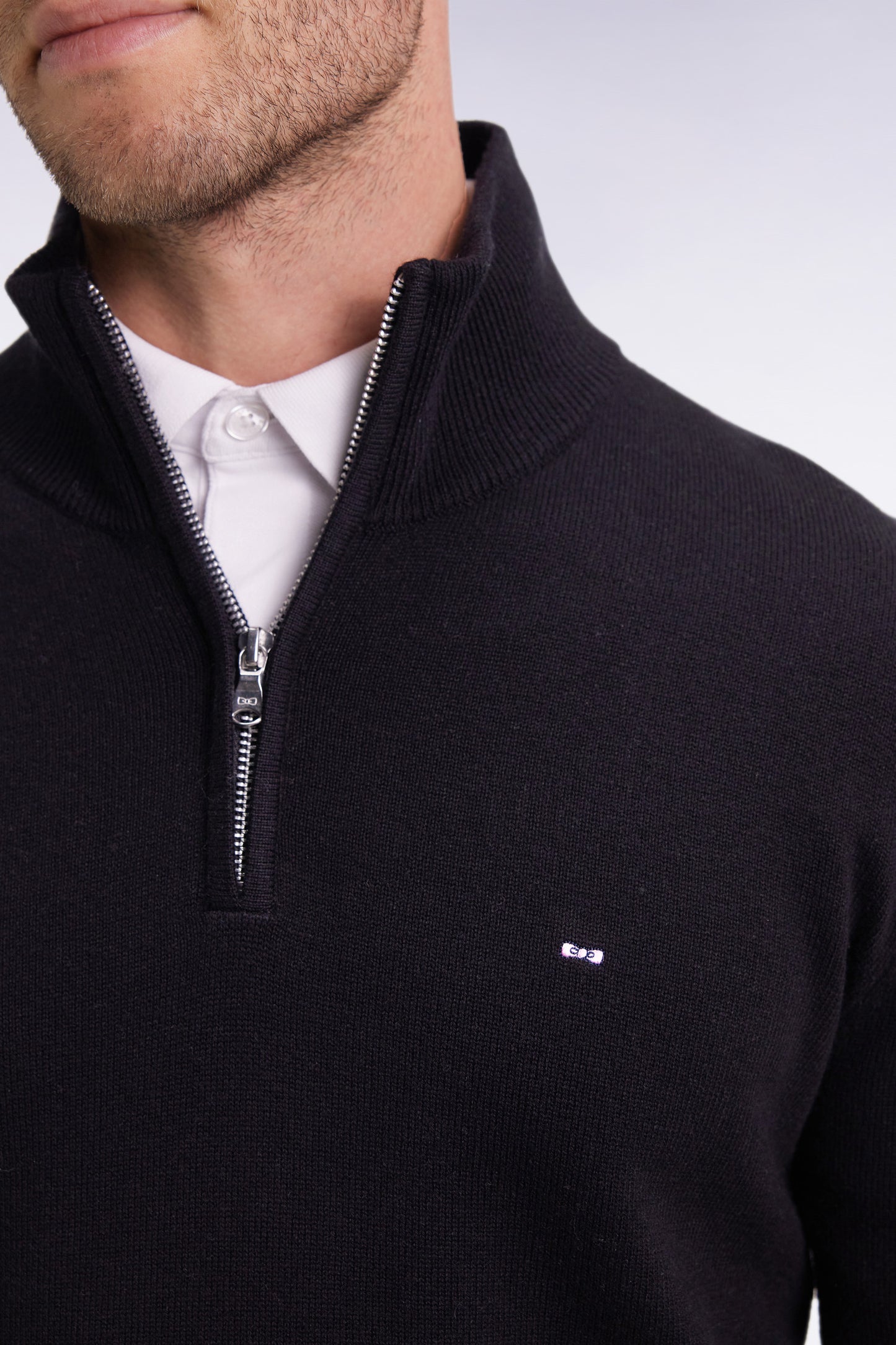 Black wool and cotton trucker-neck sweater