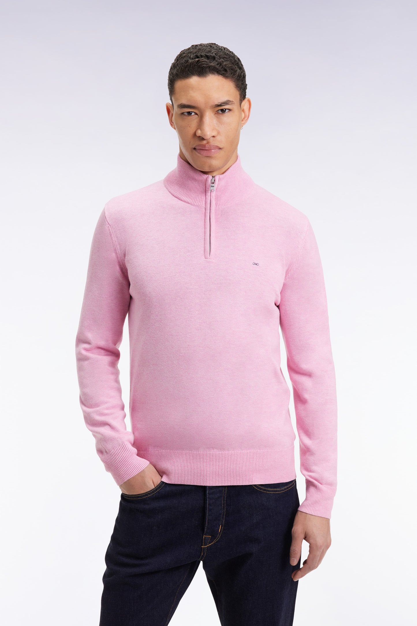 Pink wool and cotton trucker-neck sweater