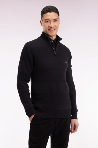 Black cotton trucker-neck sweater with stripe effect