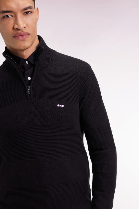 Pull col camionneur en coton noir effet de rayure - Image 3