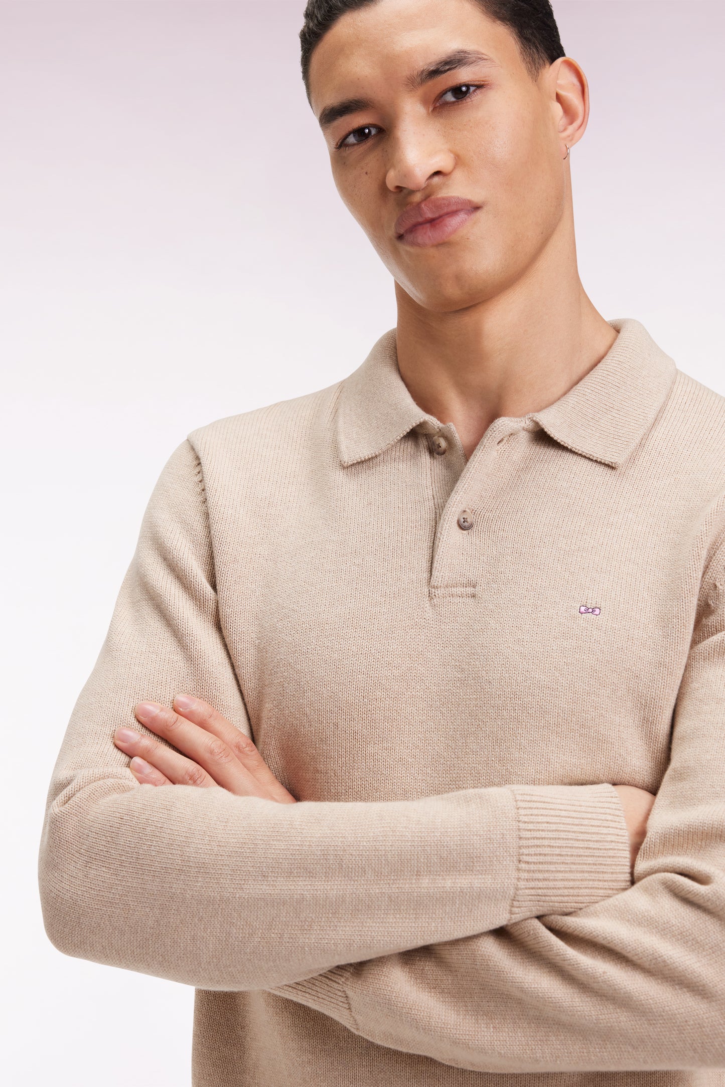 Thick jersey-neck sweater in beige wool and cotton