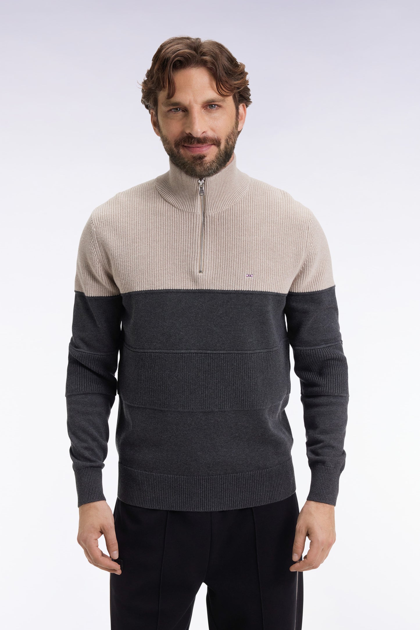 Grey cotton trucker-neck sweater with stripe effect