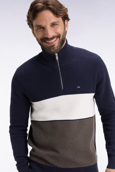 Pull col camionneur en coton marron et marine à effet de rayure - Image 3