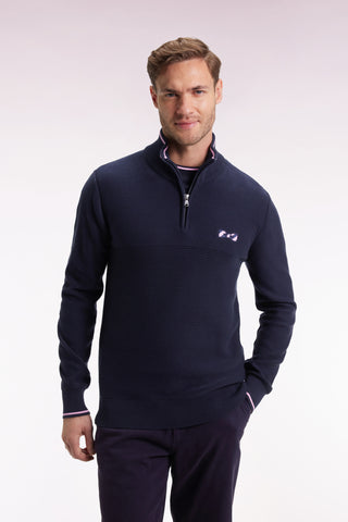 Navy cotton trucker-neck sweater with bow tie