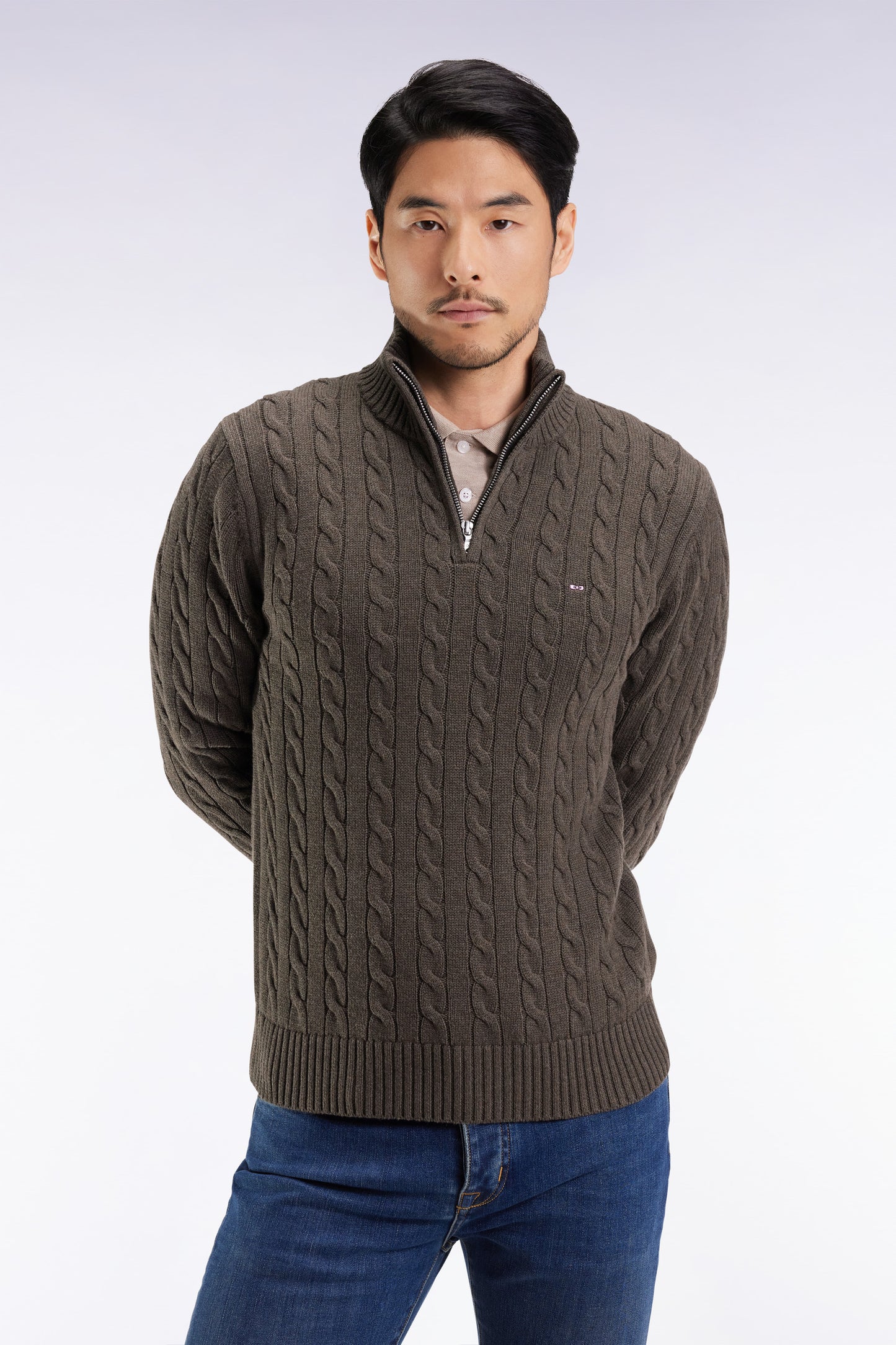 Pull col camionneur en coton torsadé marron