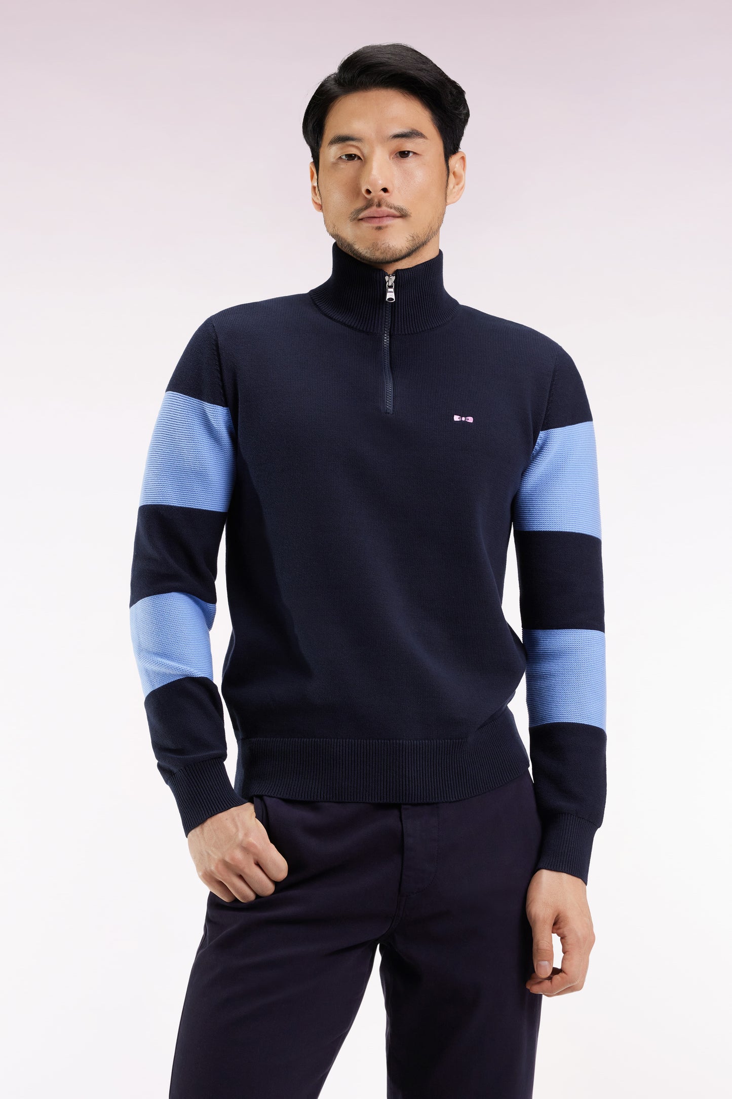 Navy cotton trucker-neck sweater with sky back embroidery