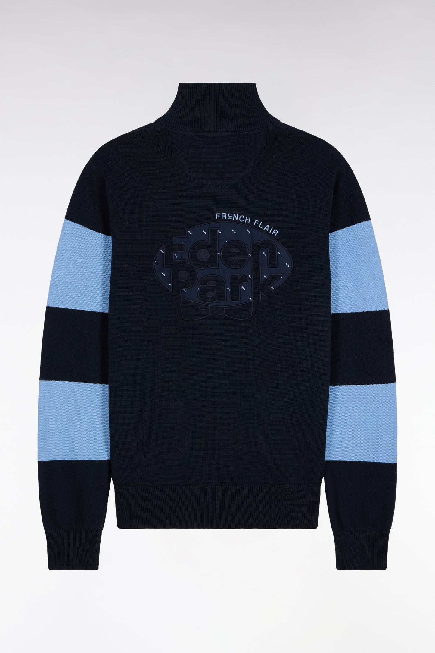 Navy cotton trucker-neck sweater with sky back embroidery