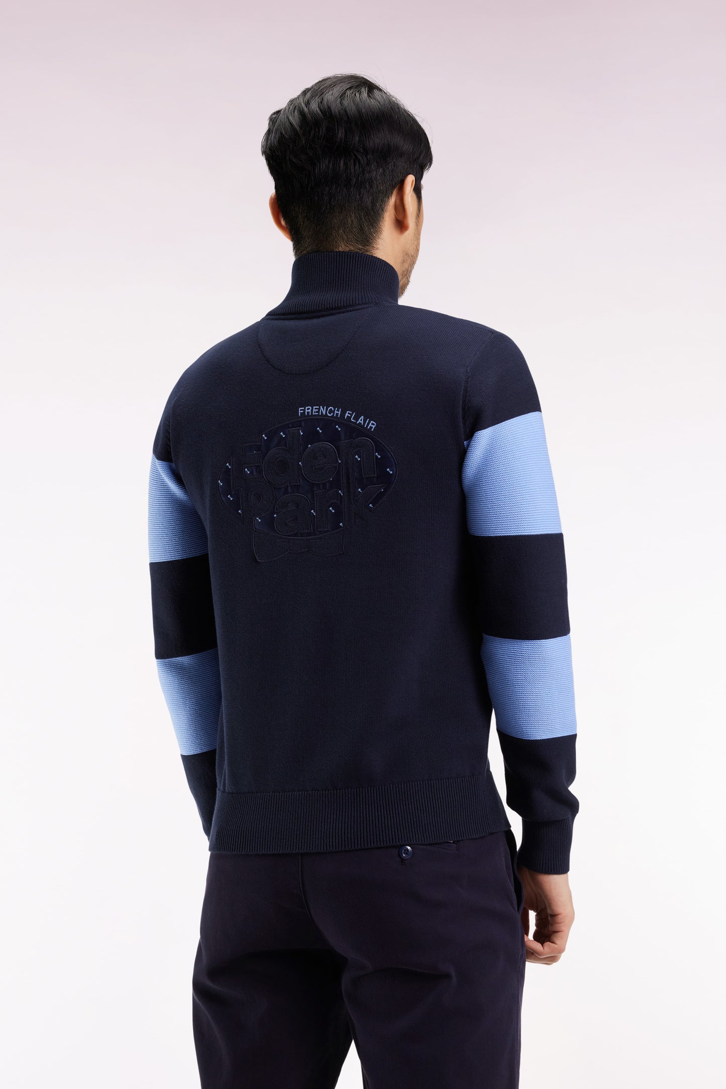Navy cotton trucker-neck sweater with sky back embroidery