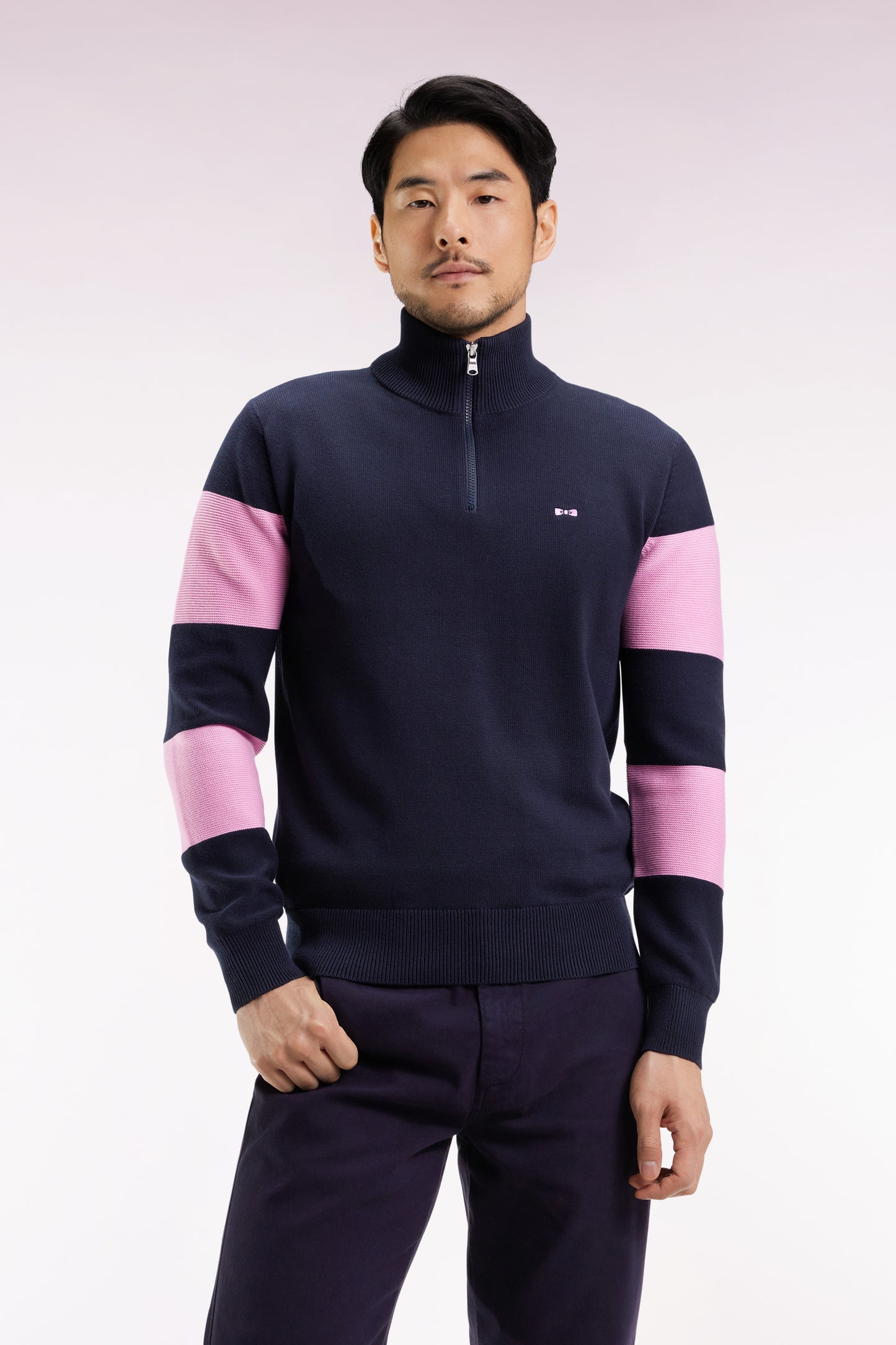 Navy and pink cotton trucker-neck sweater with back embroidery